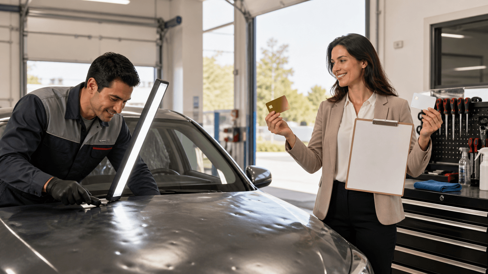 Silver car hood with hail dents under bright light, beside a clipboard and cash on a clean gray background